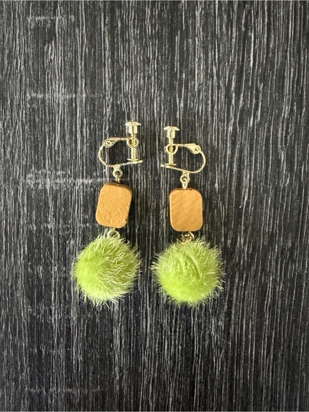 Green Faux Fur Pom Pom Dangle/Drop Earrings Gold Tone Clip-On Closure- NWT
